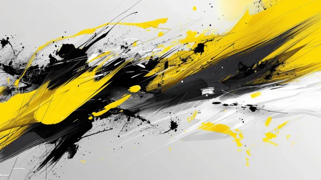 Yellow and white abstract brush strokes with splatter paint on rough gray canvas