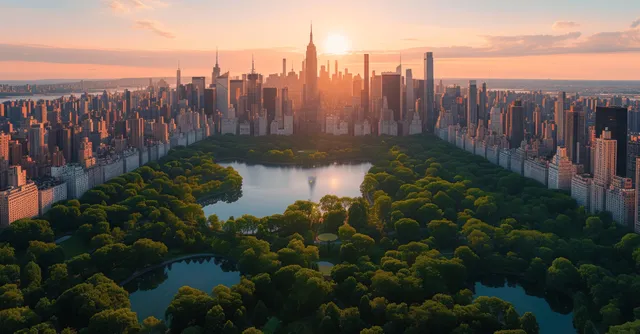 Golden sunset aerial over Central Park with winding lake and Midtown skyscraper skyline