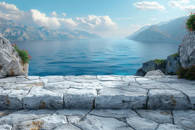 White marble steps overlook a blurred blue sea with distant mountains beneath scattered clouds.
