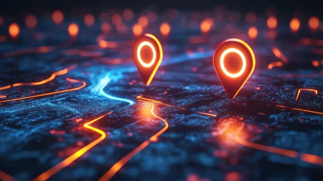 Neon cyberpunk city map with glowing GPS location pins connected by bright route lines.