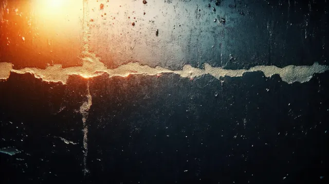 Distressed wall texture with rust stains and scratches lit by a warm orange light leak over a dark surface.