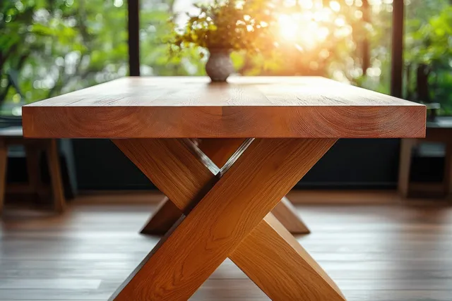 Close-up of a wooden table’s tabletop and X-shaped legs with warm sunlight and blurred green outdoor scenery behind.