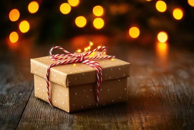 Small wrapped gift box on a wooden table with striped twine and warm glowing bokeh lights behind it.