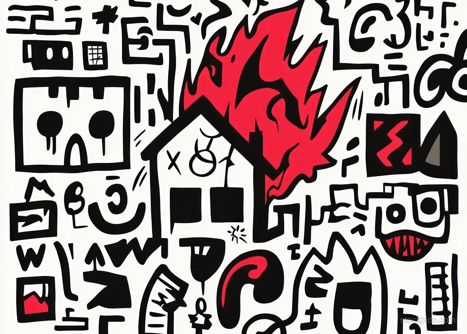Black-and-white graffiti scene with a house burning in red flames amid faces and geometric symbols.