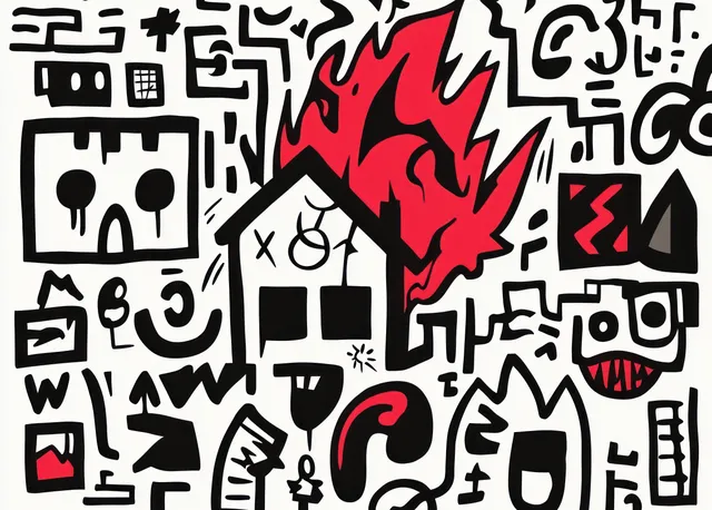 Graffiti abstract house on fire surrounded by red flames, faces, and geometric symbols