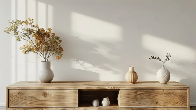 Scandinavian wooden sideboard with vases and dried branches against white wall