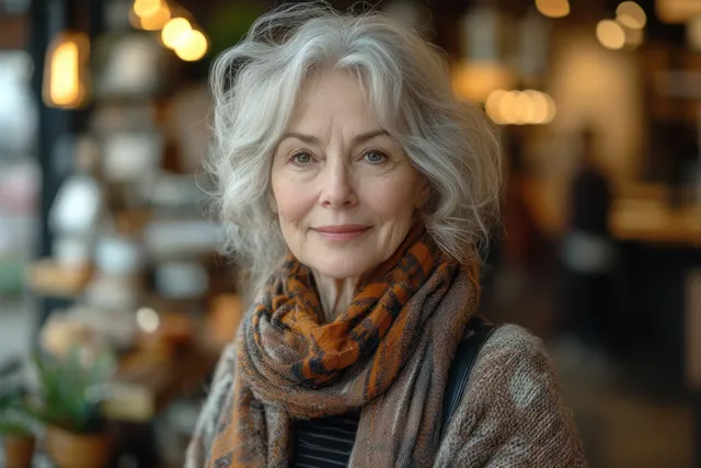 An elderly woman in a scarf smiles softly in a minimalist cafe with warm bokeh lights behind her.