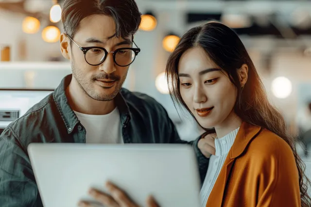 Two young professionals sit at desks, studying laptop screens in a bright office with soft bokeh lights.