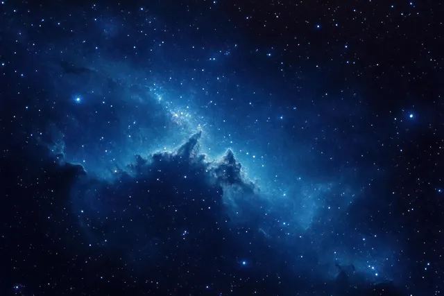 Dense stars fill a dark night sky with glowing blue nebula clouds and scattered cosmic dust.
