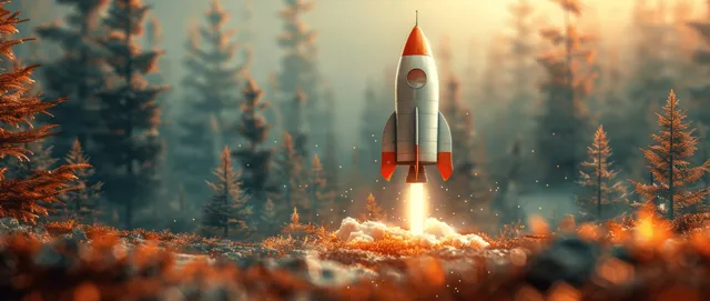 Cute cartoon rocket launching from a forest clearing under a warm sunrise glow and misty trees.