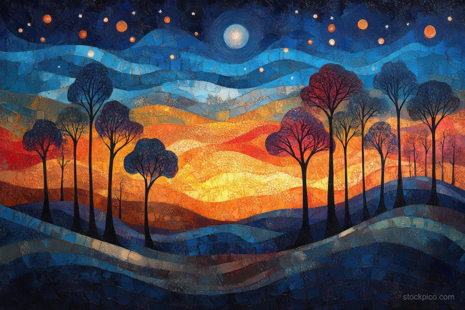 Twilight dot-painting landscape with silhouetted trees, glowing dots, and a starry blue orange night sky.