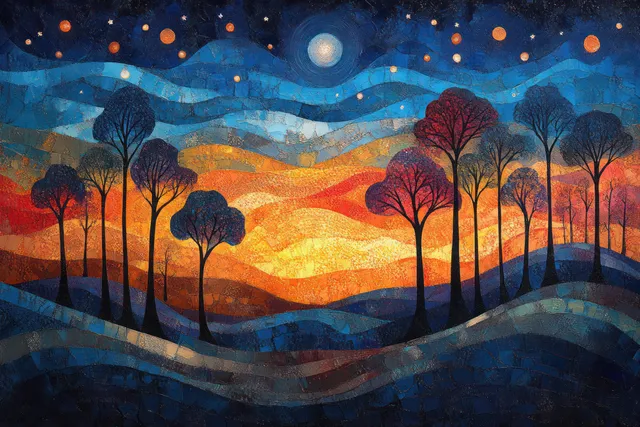 Twilight dot-painting landscape with glowing lights, silhouetted trees, and swirling starry sky