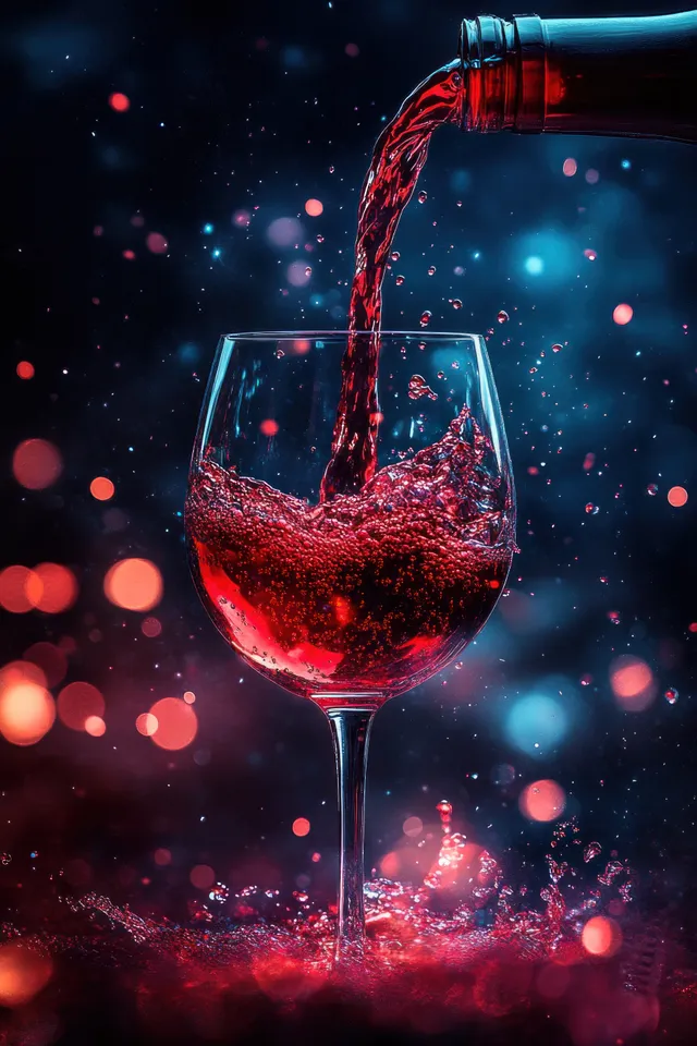 Red wine pours into a glass as droplets splash up against colorful bokeh lights in a dark scene.