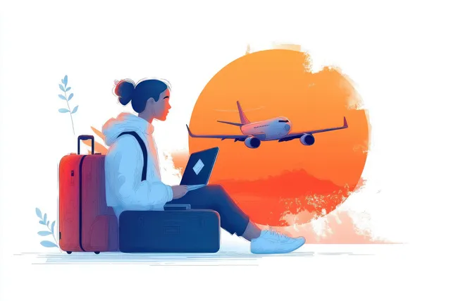 Young traveler sits on a suitcase and types on a laptop as an airplane flies through an orange sunset sky.