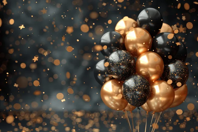 Black and gold balloons float amid glittering confetti on a dark celebratory background.