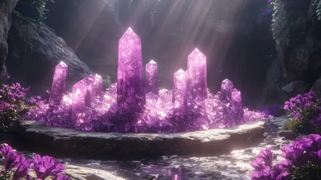 Altar de cristal roxo em um palco rochoso com pilares de gemas brilhantes, cercado por névoa e flores roxas.