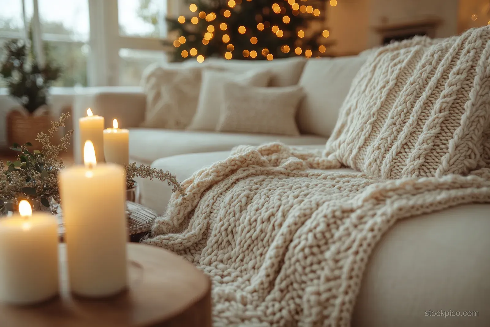 Candles glow beside a sofa draped with a knit throw in a neutral Christmas-decorated living room.
