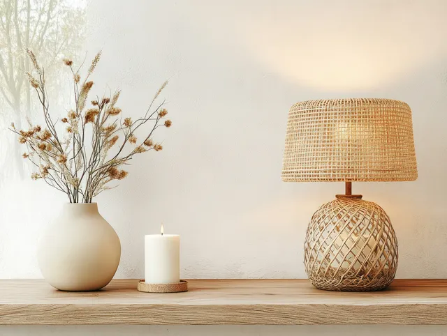 Minimalist shelf holds a vase with dried branches, a lit wicker lamp, and a candle on a warm beige wall.