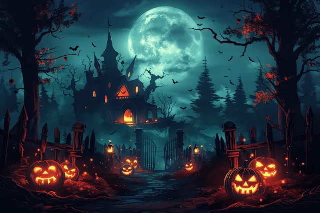 Moonlit haunted house with glowing jack-o’-lanterns lining a path beside twisted trees and flying bats.