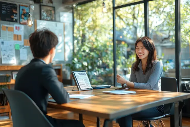 An insurance adviser reviews policy documents with a client across a wooden table in a sunlit office.
