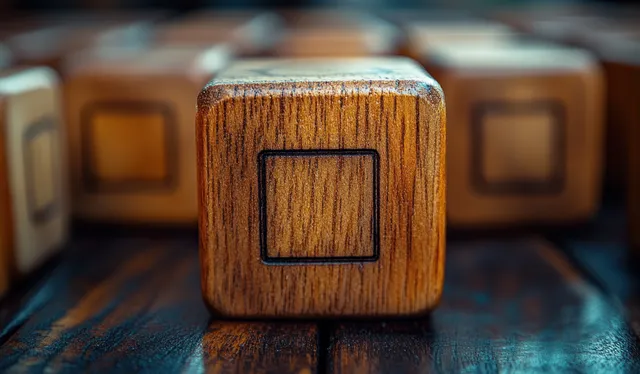 Front wooden block with a carved square sits among other language learning level blocks on a desk.
