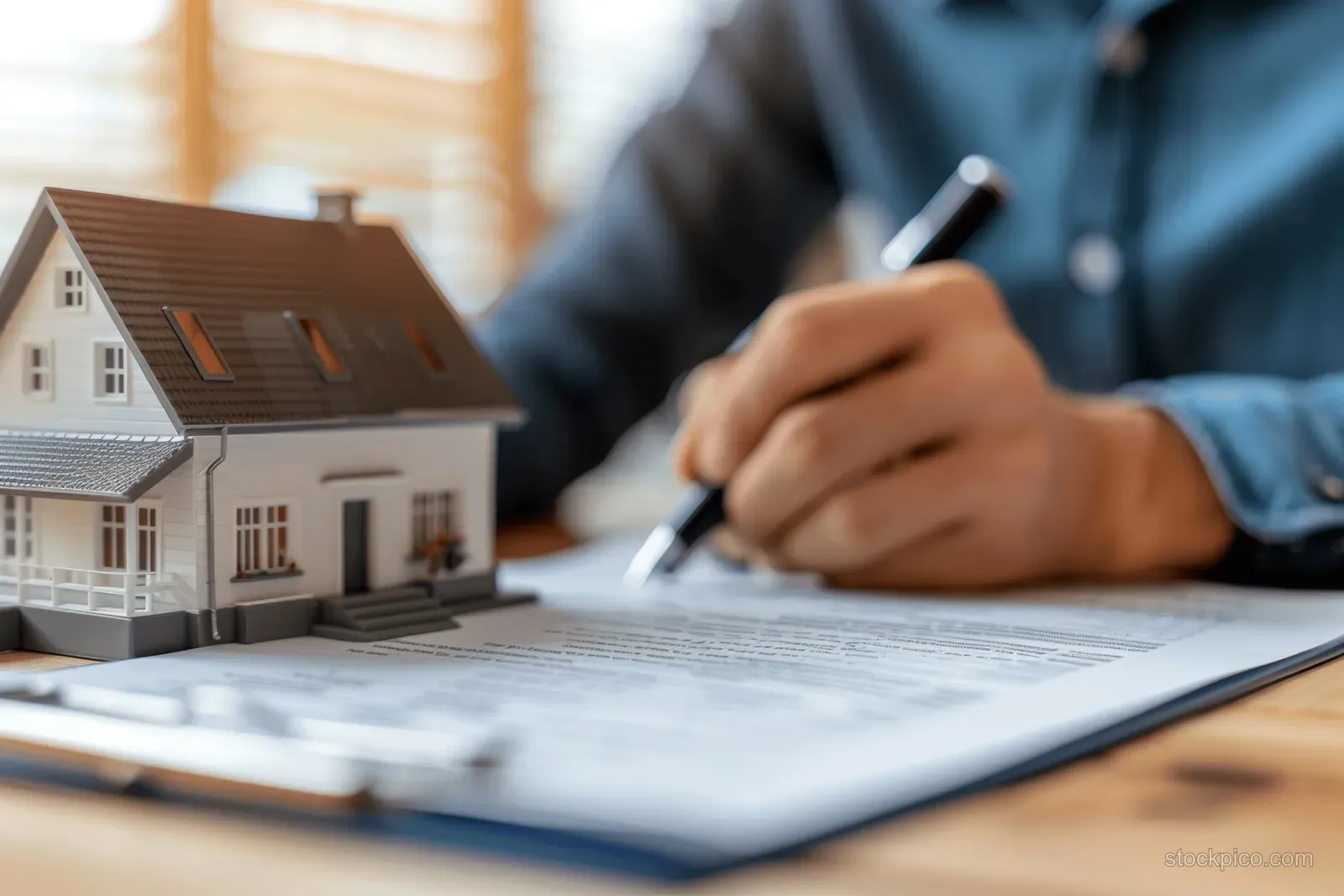 Hands signing a house purchase contract with a model home placed on an office desk.