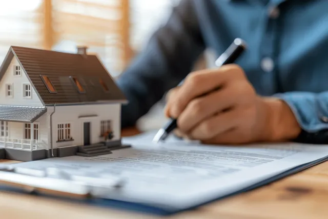 Real estate agent and client sign house purchase contract beside a model home on desk
