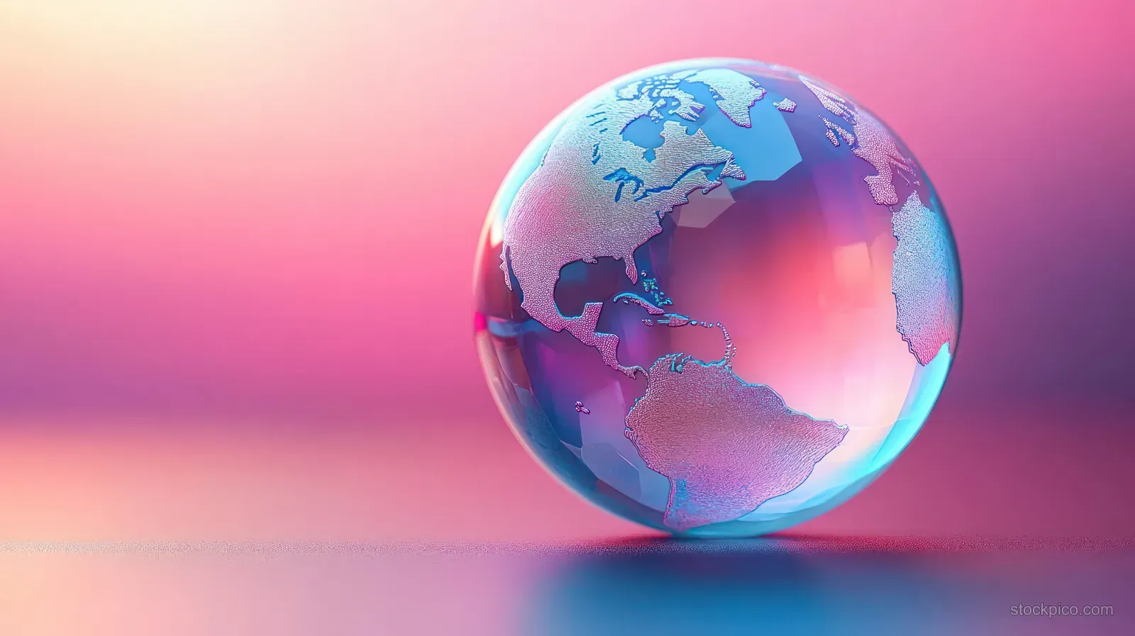 Transparent glass globe showing North and South America continents on a pink and purple gradient background.