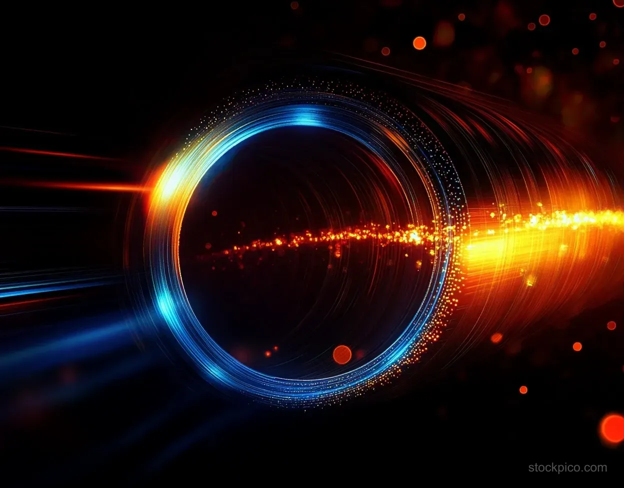 Blue and orange glowing particle ring with fast light streaks and sparks on a dark background.
