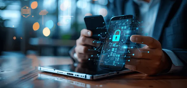 Businessman secures encrypted network on smartphone while working at laptop with digital lock