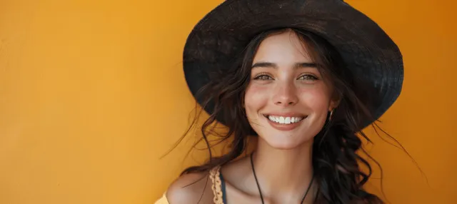 Smiling woman in a witch hat laughs against a solid orange Halloween background with open copy space.