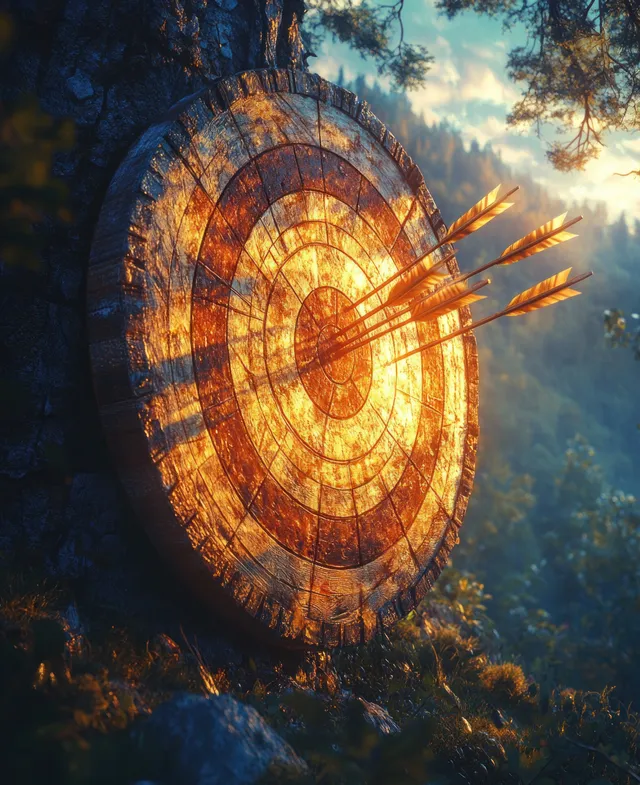 A glowing bullseye target pierced by arrows at the center, surrounded by a dramatic sunset and cloudy sky.