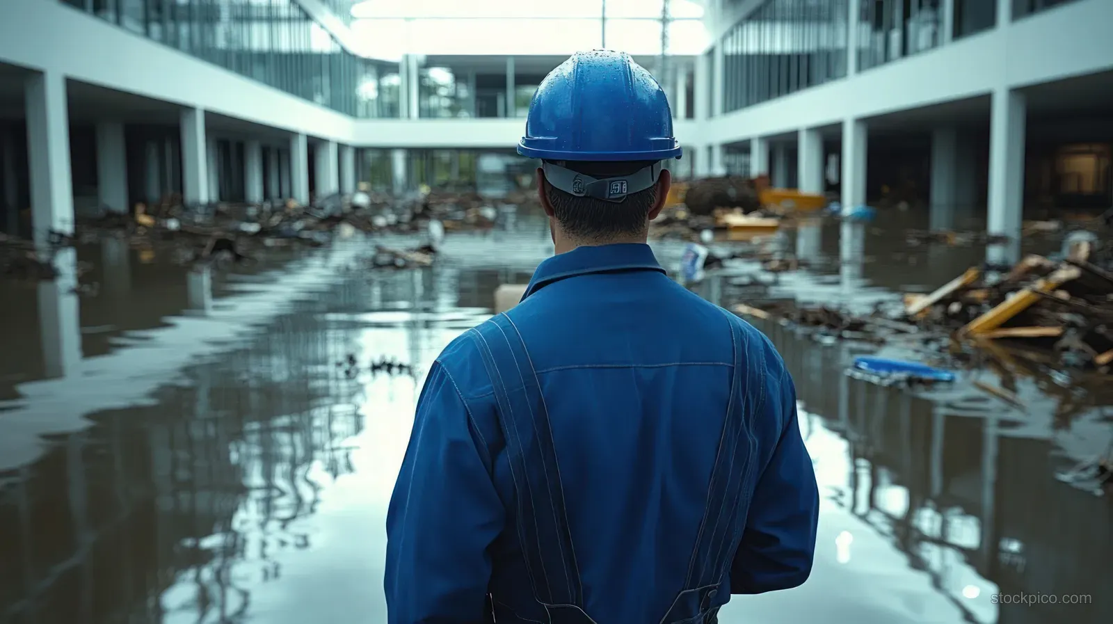 Worker in blue protective coveralls and helmet stands in a flooded industrial hall with debris and water reflections.