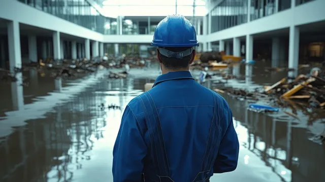 Worker in blue protective coveralls and helmet stands in a flooded industrial hall with debris and water reflections.