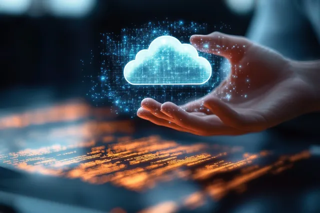 Hands extend toward a glowing cloud icon with floating particles over a blurred digital interface.