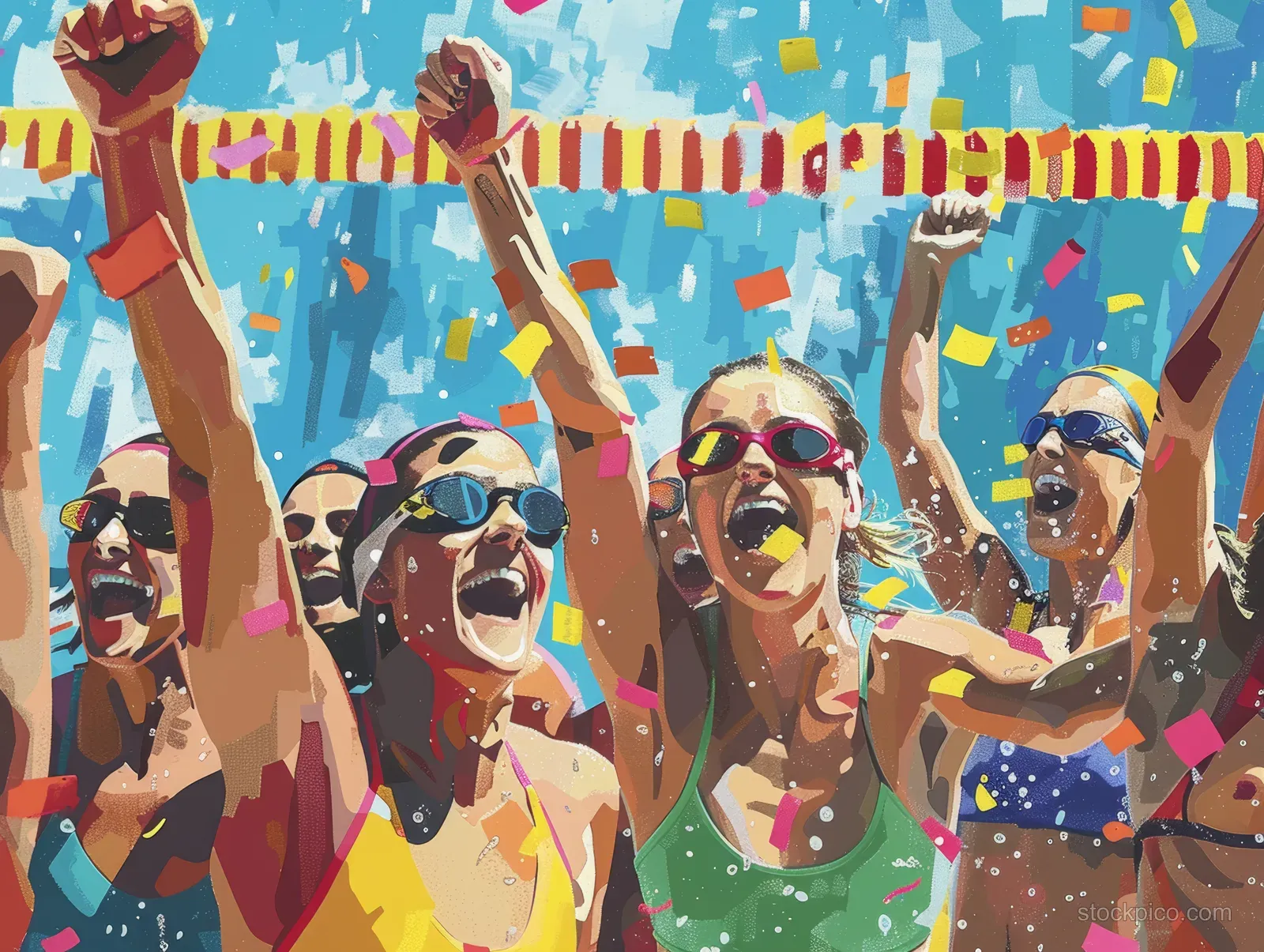 Canadian female swimmers celebrate a 400m individual medley win, throwing confetti near the pool deck.