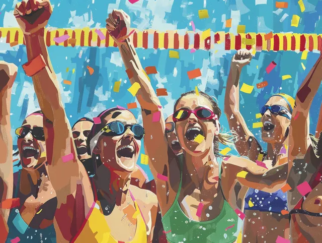 Canadian female swimmers celebrate a 400m individual medley win, throwing confetti near the pool deck.