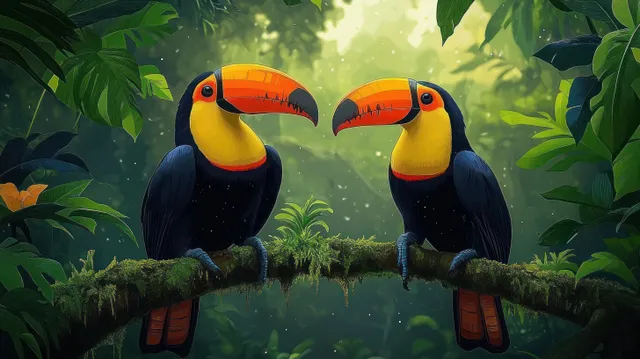 Two toucans with orange beaks face each other on a mossy branch amid green rainforest leaves.