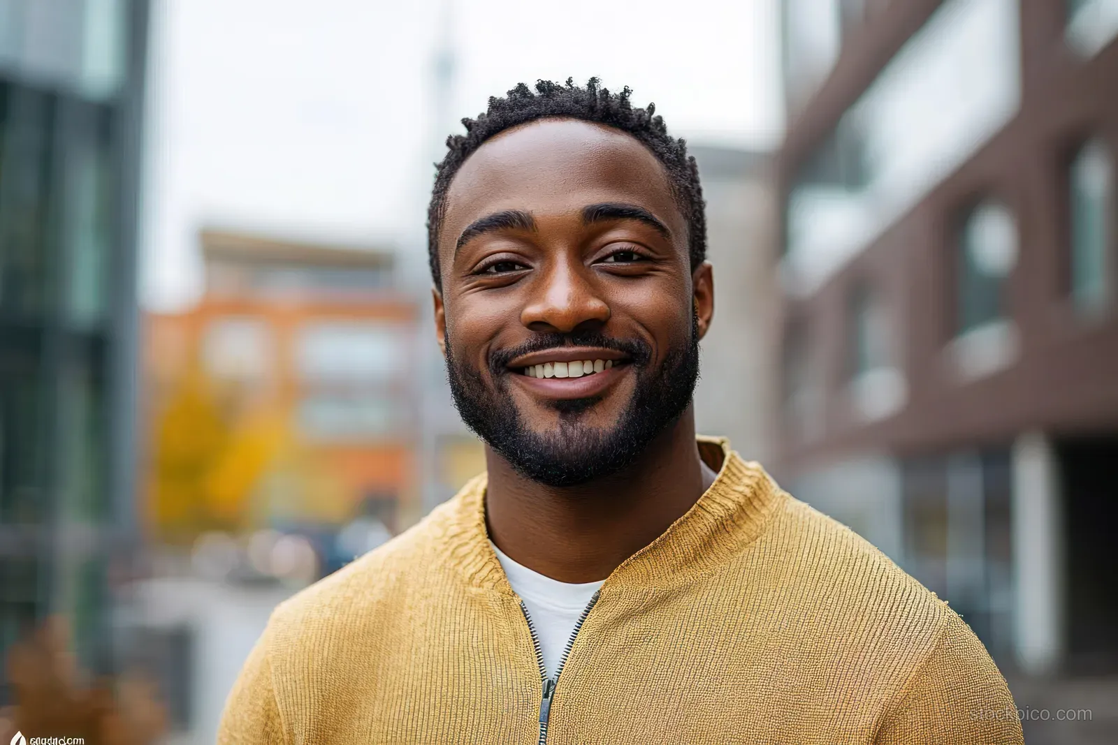 Smiling young man in a yellow zip sweater standing outdoors on a city street with blurred buildings behind.