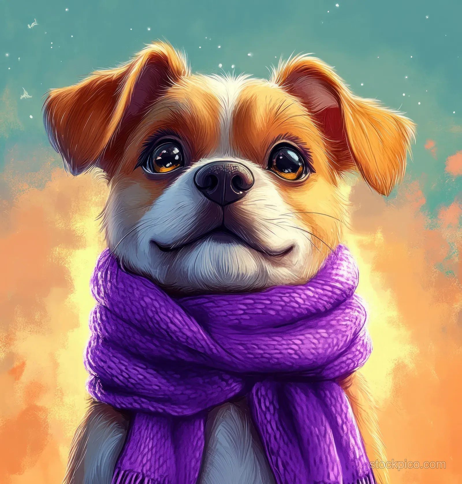 A whimsical cartoon dog portrait wearing a purple scarf and sunglasses against a soft gradient background.
