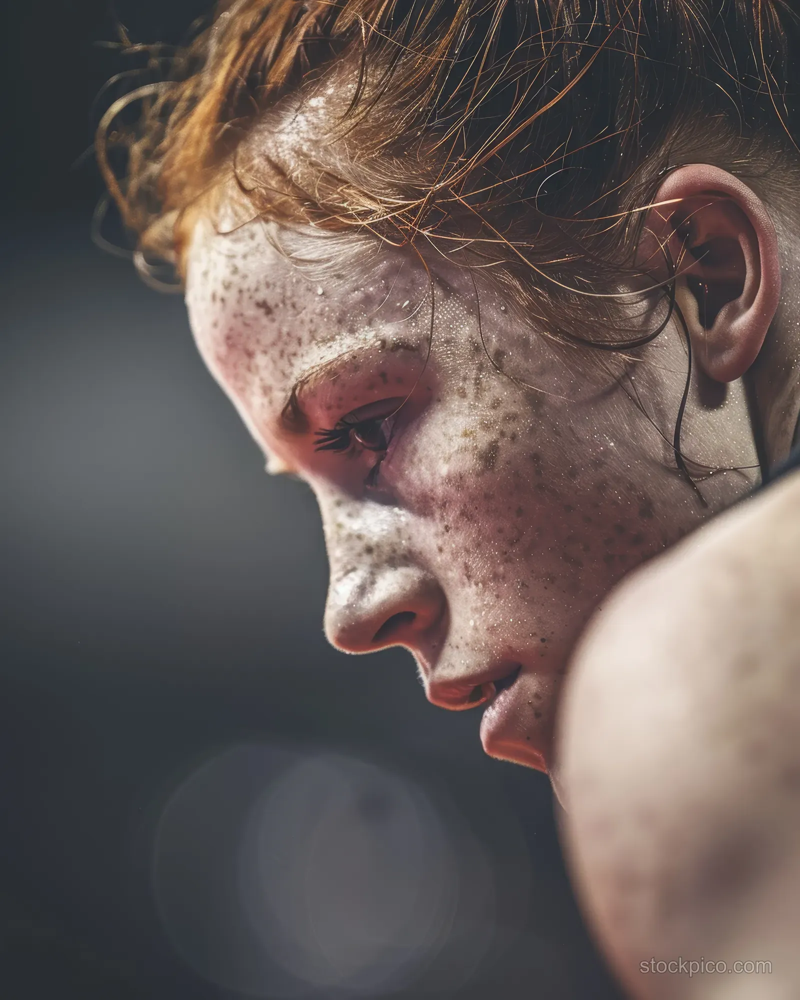 Female wrestler in a 57 kg match leans forward with intense side profile on the wrestling mat.