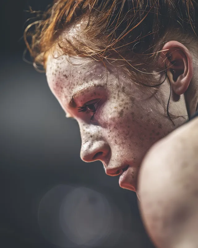 Female wrestler in a 57 kg match leans forward with intense side profile on the wrestling mat.