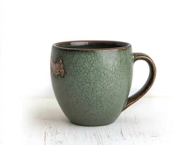 Green ceramic mug with crackle texture and brown rim resting on white wooden tabletop
