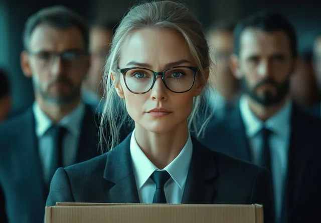 A businesswoman in a suit holds a cardboard box while colleagues in suits stand blurred behind her in an office.