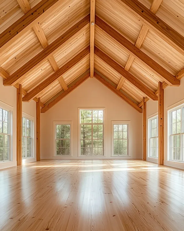 Sunlit empty room with vaulted wooden ceiling and large windows overlooking greenery.