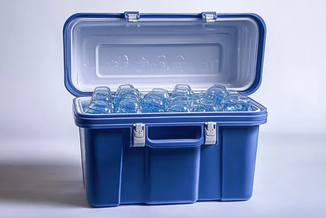 Blue portable cooler open on a white surface with transparent ice cubes inside.
