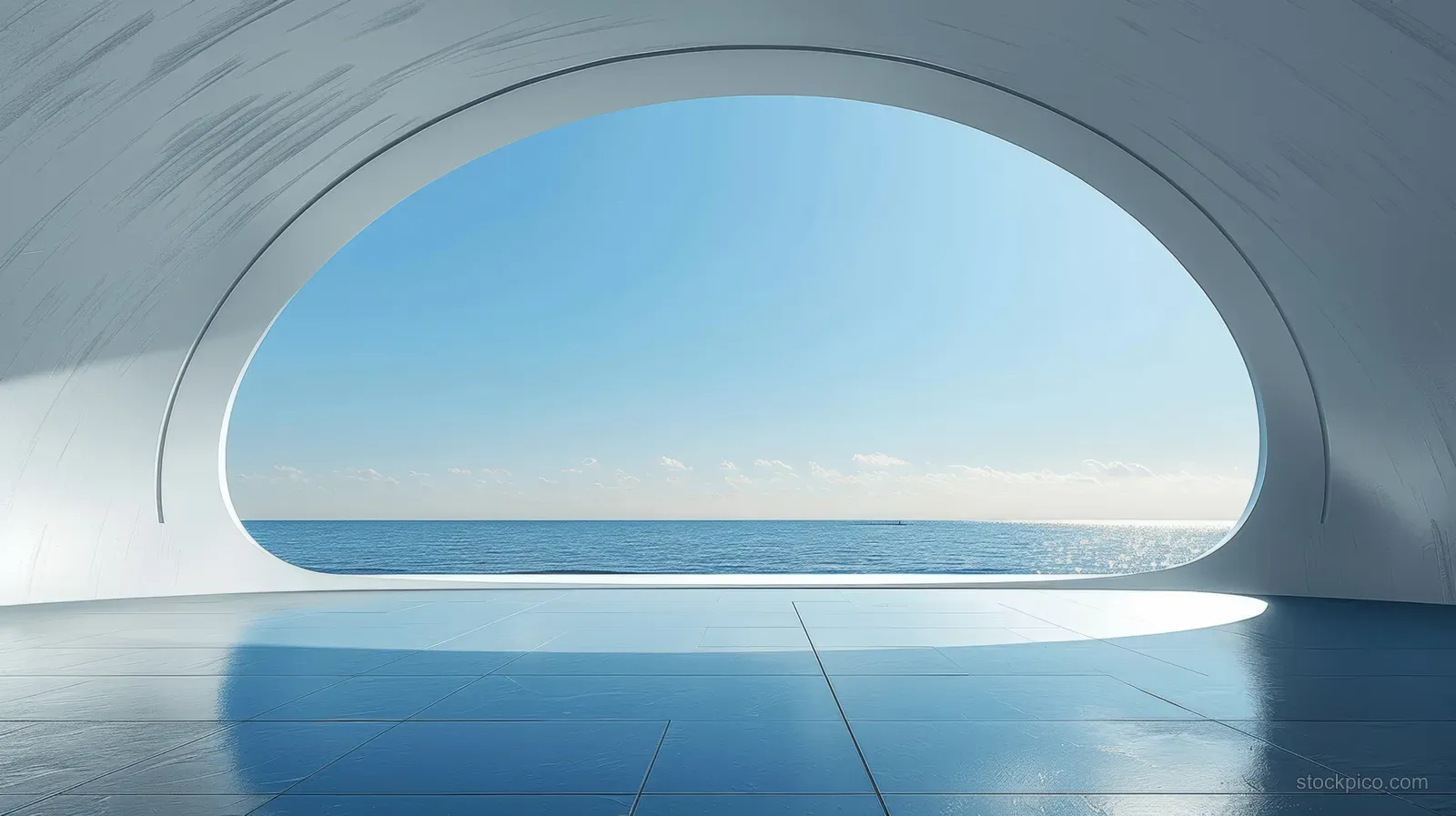 Futuristic concrete hallway with a round window framing blue sky and an ocean horizon.