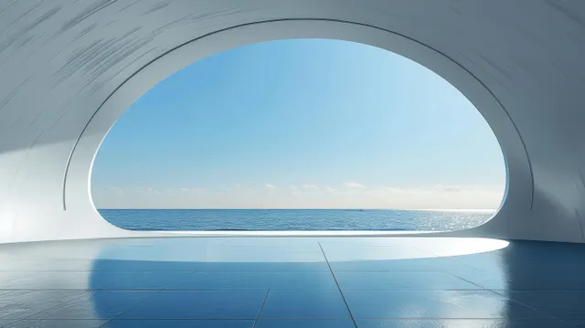 Futuristic concrete hallway with a round window framing blue sky and an ocean horizon.