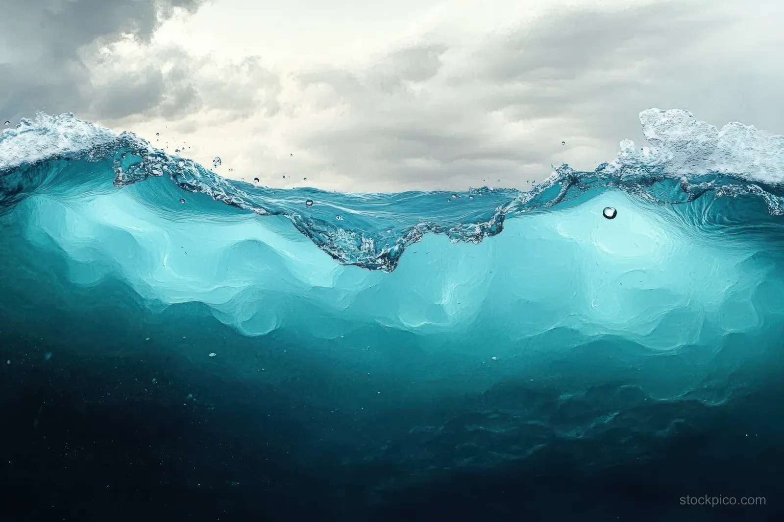 A wave crest breaks under cloudy skies, scattering sparkling droplets across deep blue ocean water.