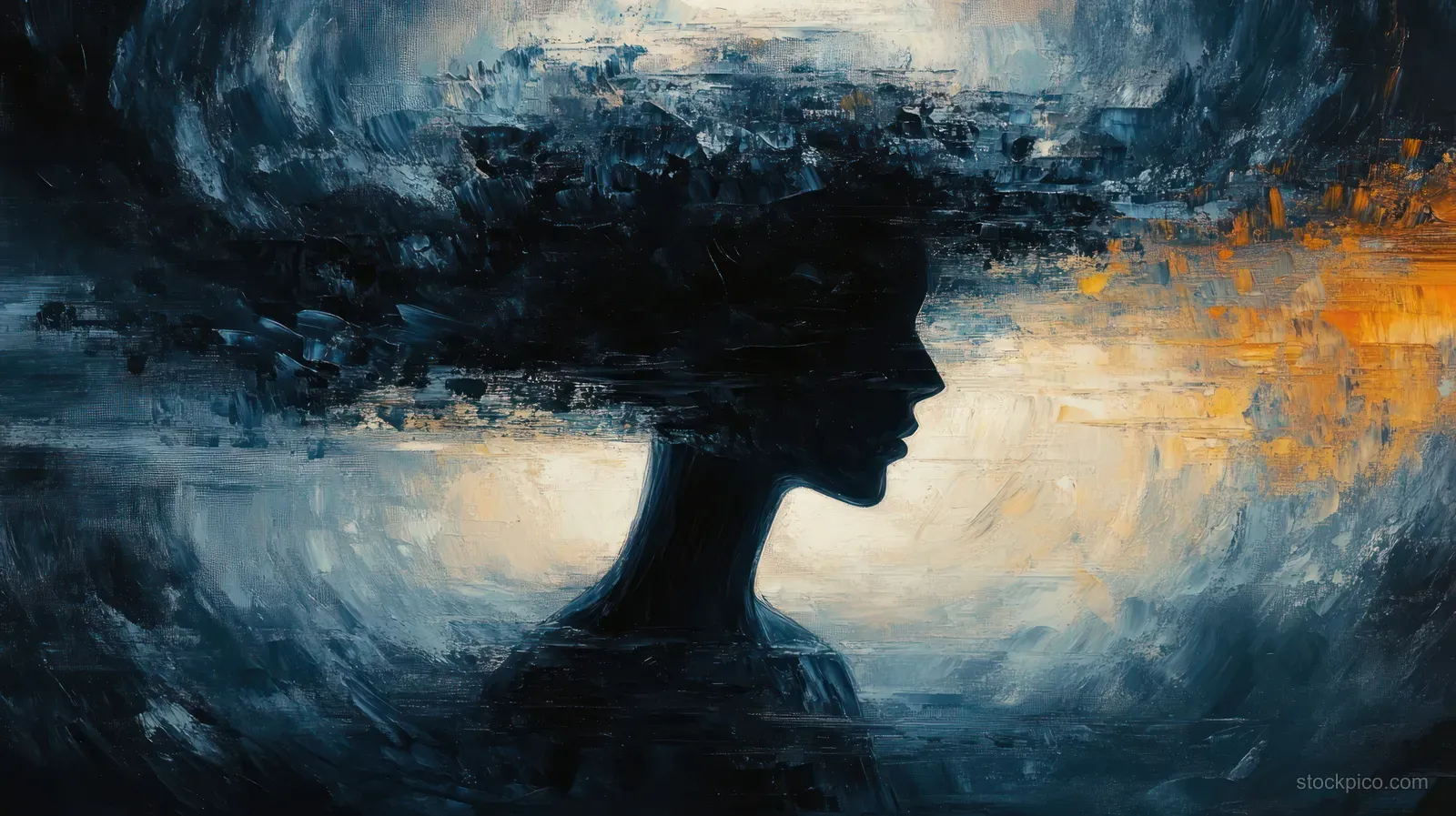 A faceless silhouette blends into swirling dark clouds and dim light in an abstract painting.